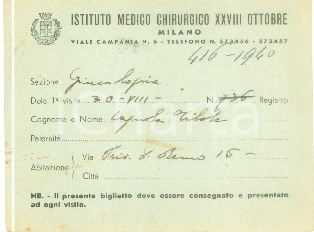 Documento originale, autentico 1940 MILANO Istituto Medico Chirurgico XXVIII OTTOBRE Biglietto per visita 1