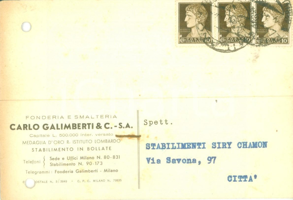Cartolina originale da collezione 1942 BOLLATE MI Fonderia smalteria Carlo GALIMBERTI & C. Cartolina commerciale 1