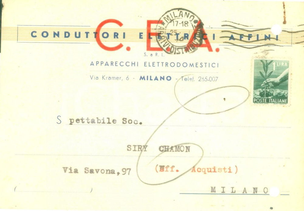 Cartolina originale da collezione 1952 MILANO Conduttori Elettrici Affini C.E.A. Cartolina commerciale FG VG 1