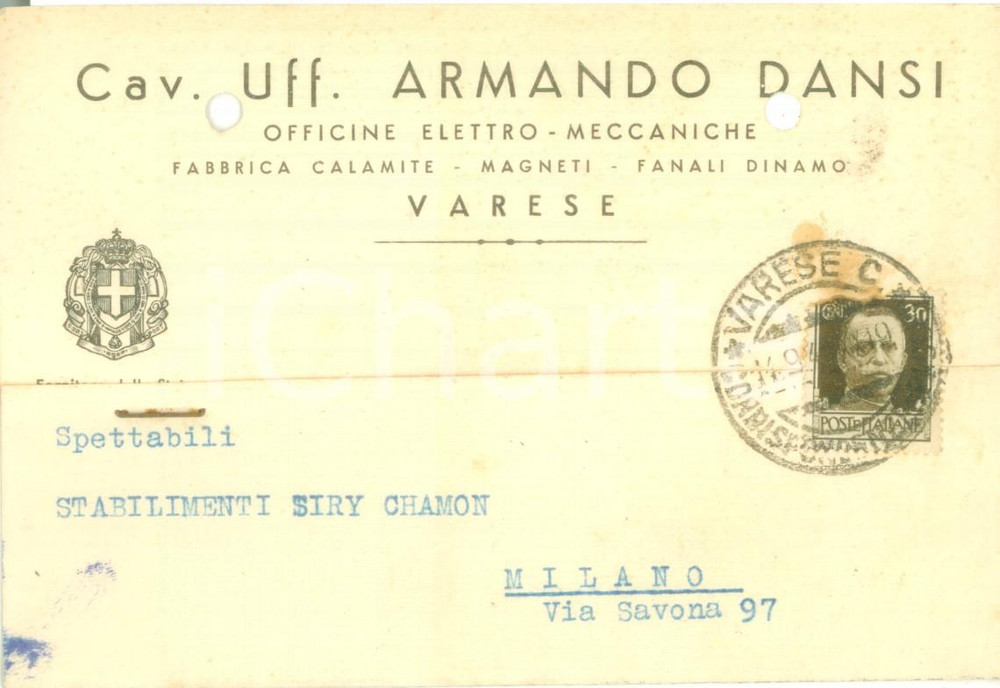 Cartolina originale da collezione 1941 VARESE Armando DANSI Officine elettromeccaniche Cartolina commerciale FG 1