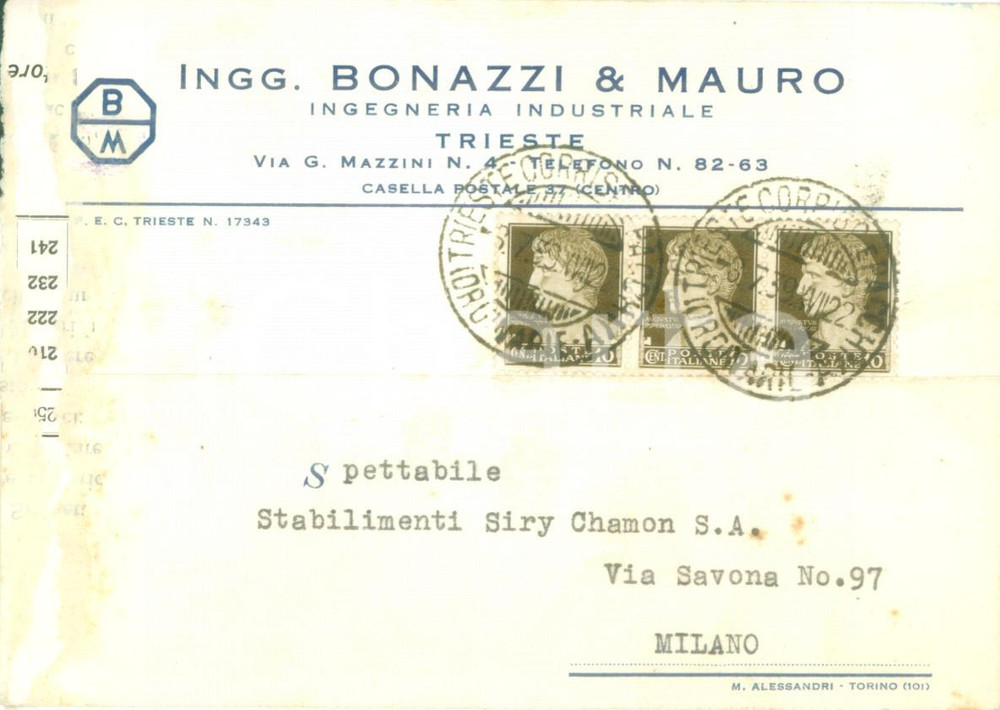 Cartolina originale da collezione 1939 TRIESTE Ingegneria industriale BONAZZI & MAURO Cartolina DANNEGGIATA FG VG 1