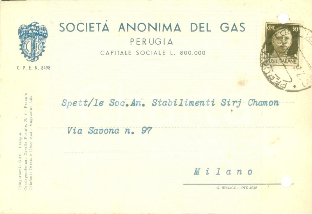 Cartolina originale da collezione 1942 PERUGIA SocietÃ  Anonima del Gas Cartolina commerciale FG VG 1