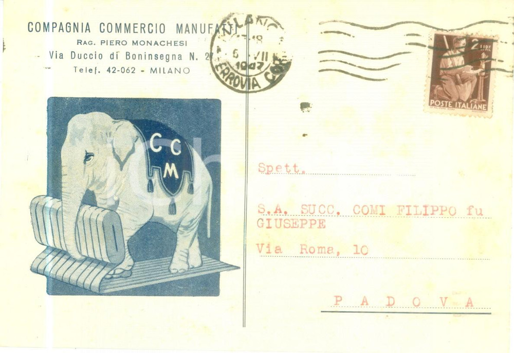 Cartolina originale da collezione 1947 MILANO Compagnia Commercio Manufatti Piero MONACHESI Cartolina commerciale 1