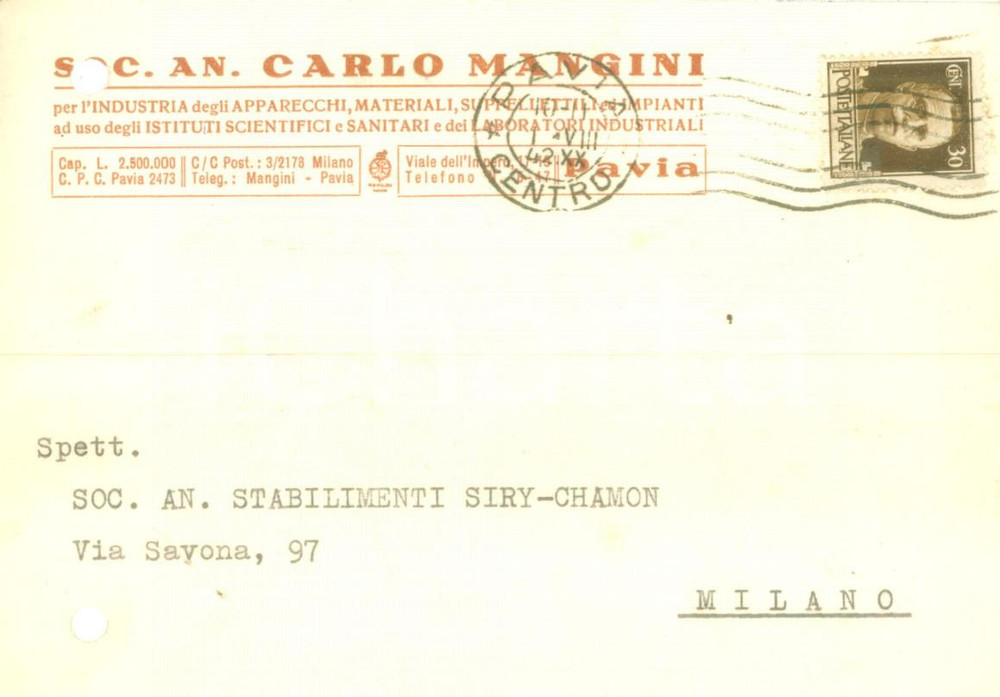 Cartolina originale da collezione 1942 PAVIA Soc. A, Carlo MANGINI Apparecchi Istituti Scientifici Cartolina FG VG 1