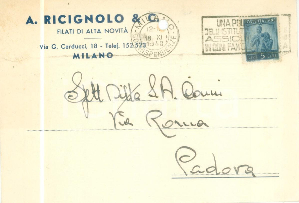Cartolina originale da collezione 1948 MILANO Filati di alta novitÃ  RICIGNOLO & C. Avviso di passaggio FG VG 1