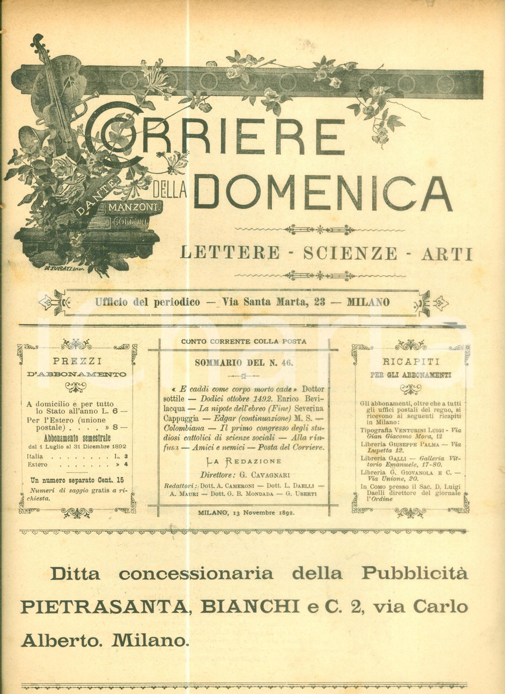 Giornale, rivista storica 1892 CORRIERE DELLA DOMENICA Enrico BEVILACQUA Dodici ottobre 1492 Rivista 1
