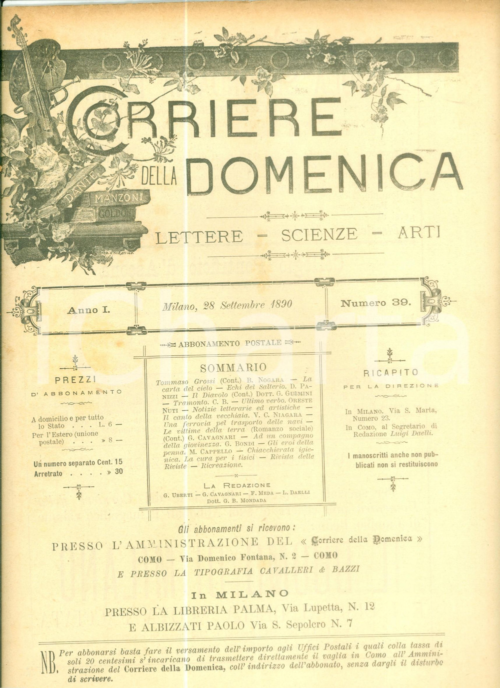 Giornale, rivista storica 1890 CORRIERE DELLA DOMENICA Ferrovia trasporto delle navi Rivista letteraria 1
