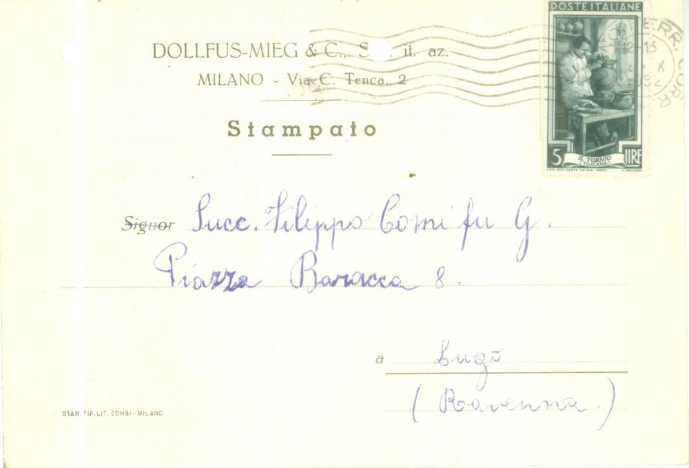 Cartolina originale da collezione 1952 MILANO Ditta DOLLFUSMIEG & C. invia Mario MAIOLI commesso Cartolina FG VG 1
