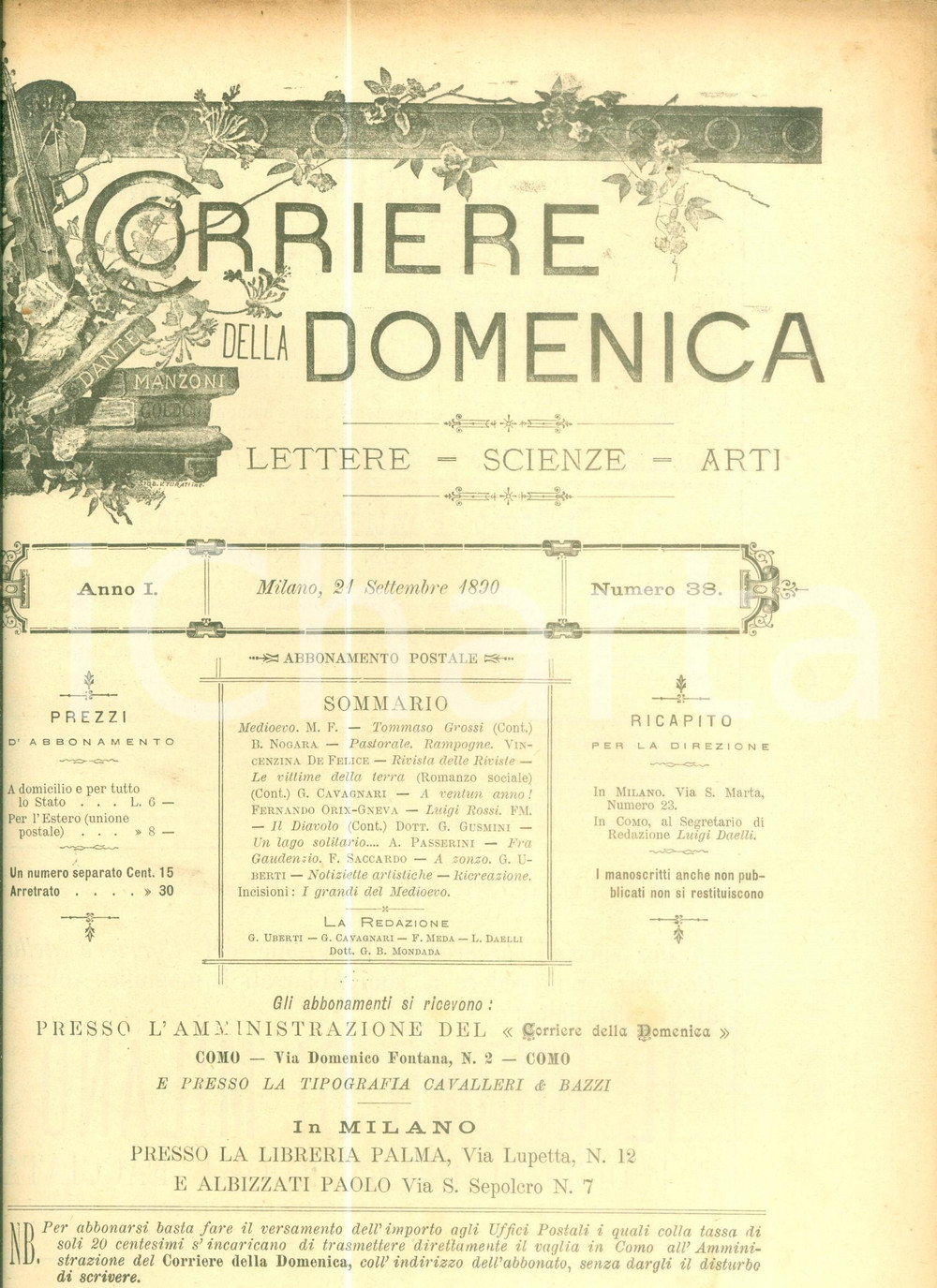 Giornale, rivista storica 1890 CORRIERE DELLA DOMENICA Bartolomeo NOGARA Tommaso GROSSI Rivista 1