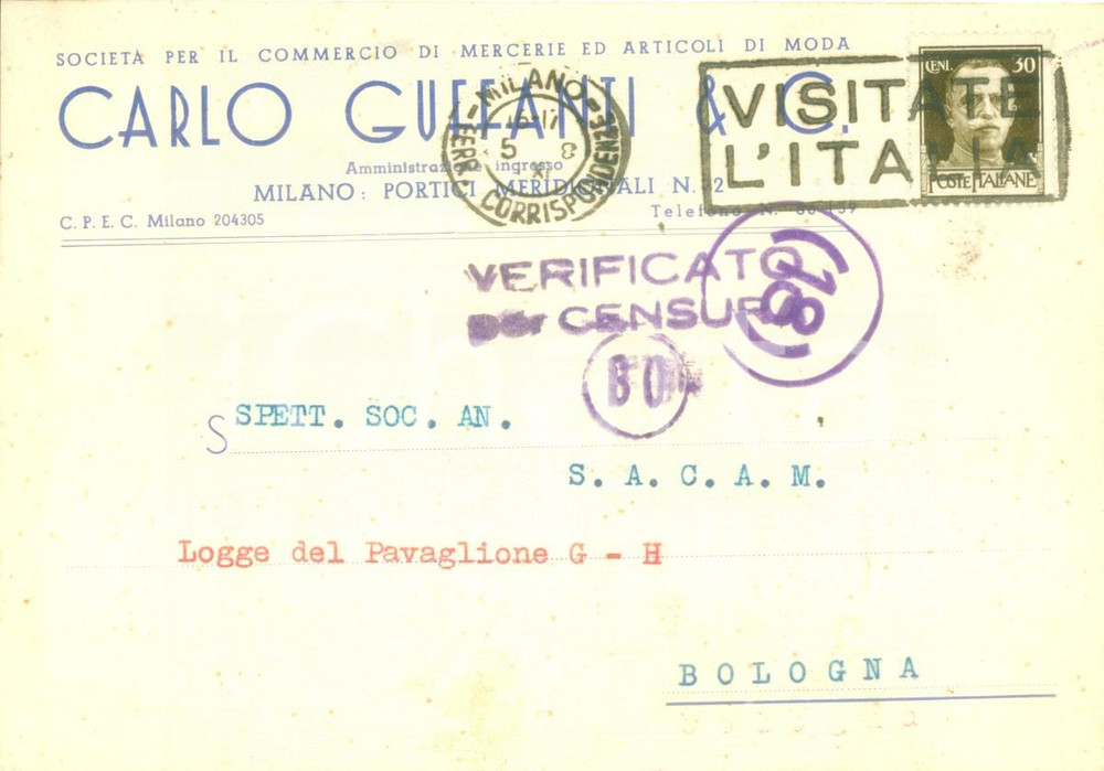 Cartolina originale da collezione 1941 MILANO Carlo GUFFANTI & C. Mercerie articoli di moda Cartolina FG VG 1