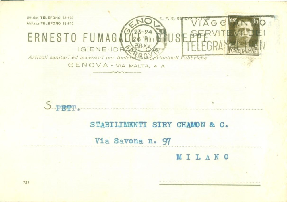 Cartolina originale da collezione 1938 GENOVA Ernesto FUMAGALLI di Giuseppe Igiene Idraulica Cartolina FG VG 1