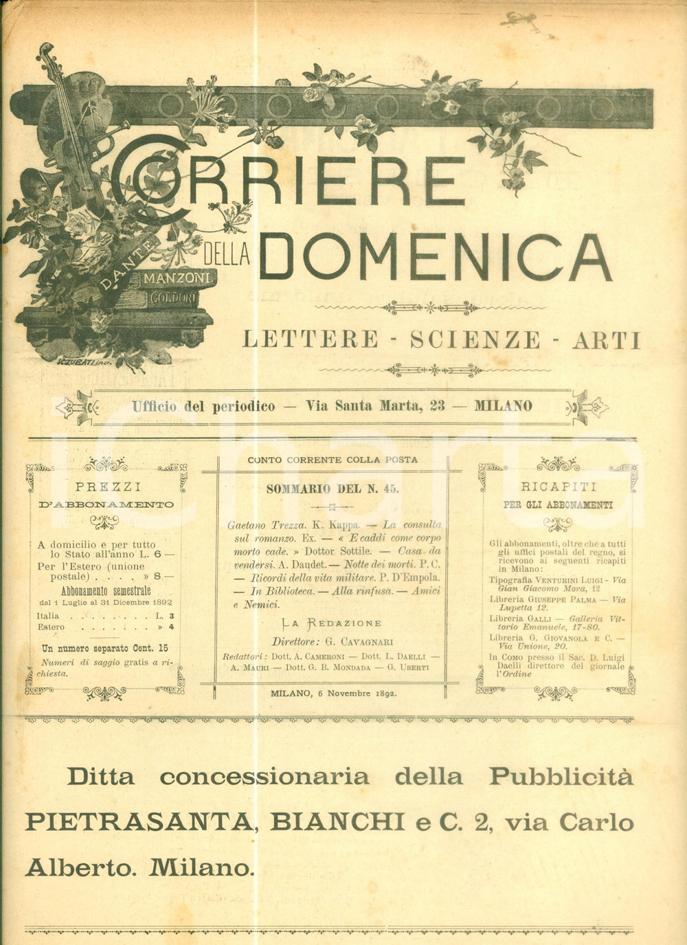 Giornale, rivista storica 1892 CORRIERE DELLA DOMENICA Kappa Gaetano TREZZA Rivista letteraria 1