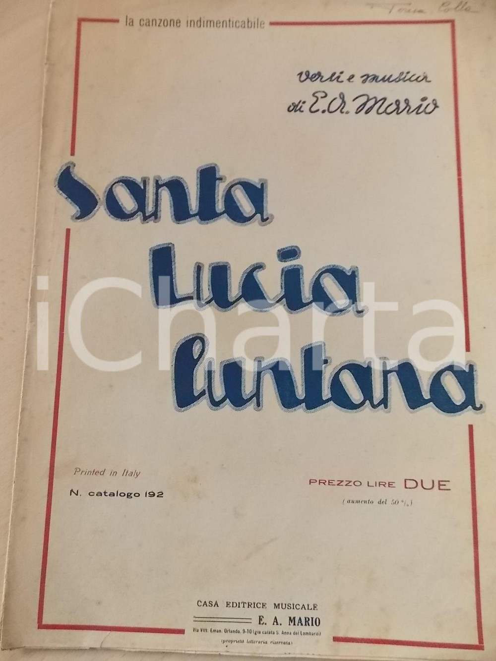 Oggetto da collezione cartaceo 1920 ca E. A. MARIO Santa Lucia luntana... Spartito CANZONE NAPOLETANA 1