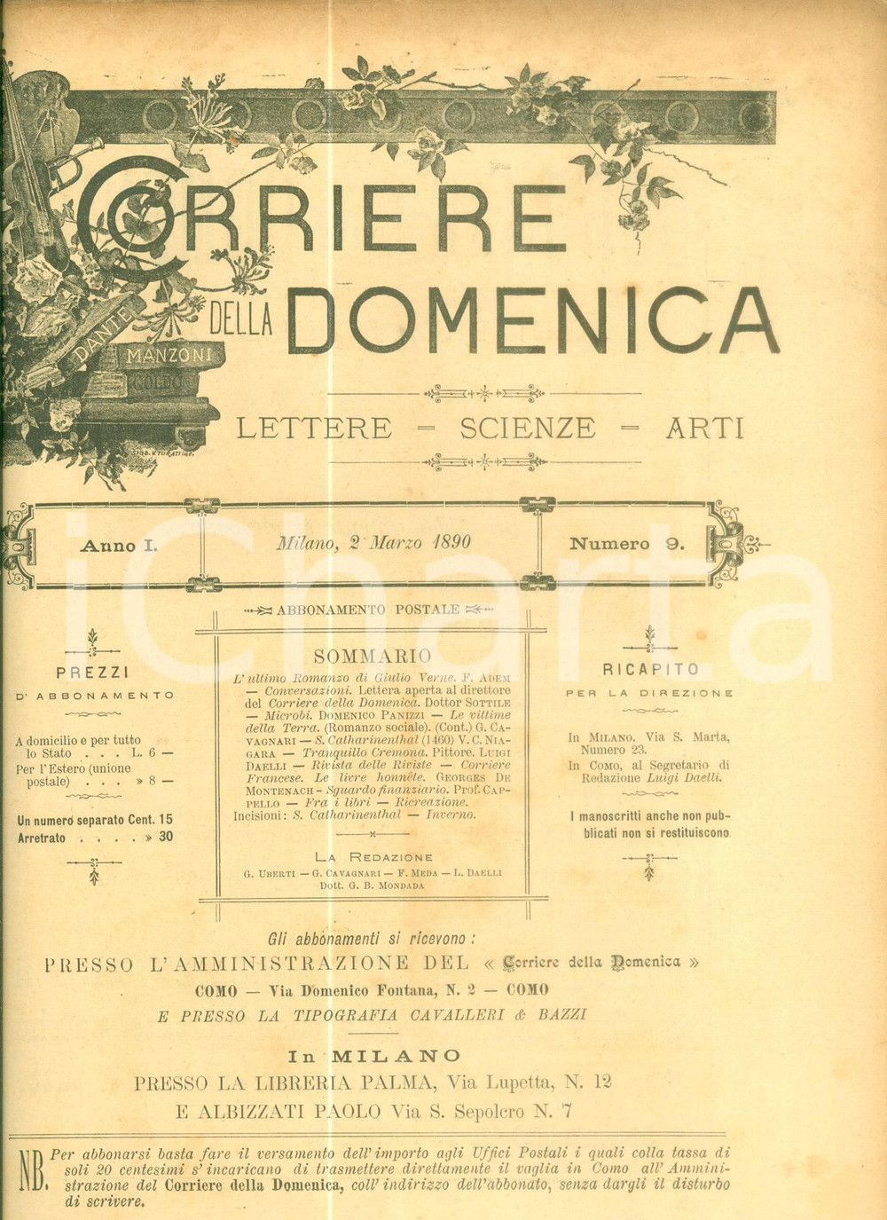 Giornale, rivista storica 1890 CORRIERE DELLA DOMENICA L ultimo romanzo di Giulio VERNE Rivista 1