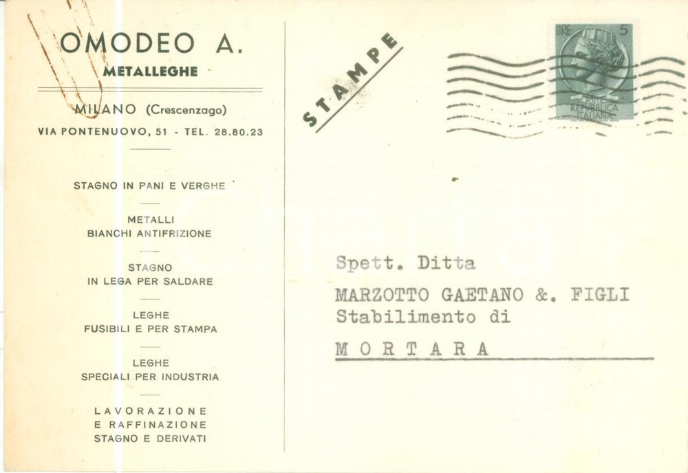 Cartolina originale da collezione 1956 MILANO CRESCENZAGO Metalleghe OMODEO comunica nuovo numero di telefono 1