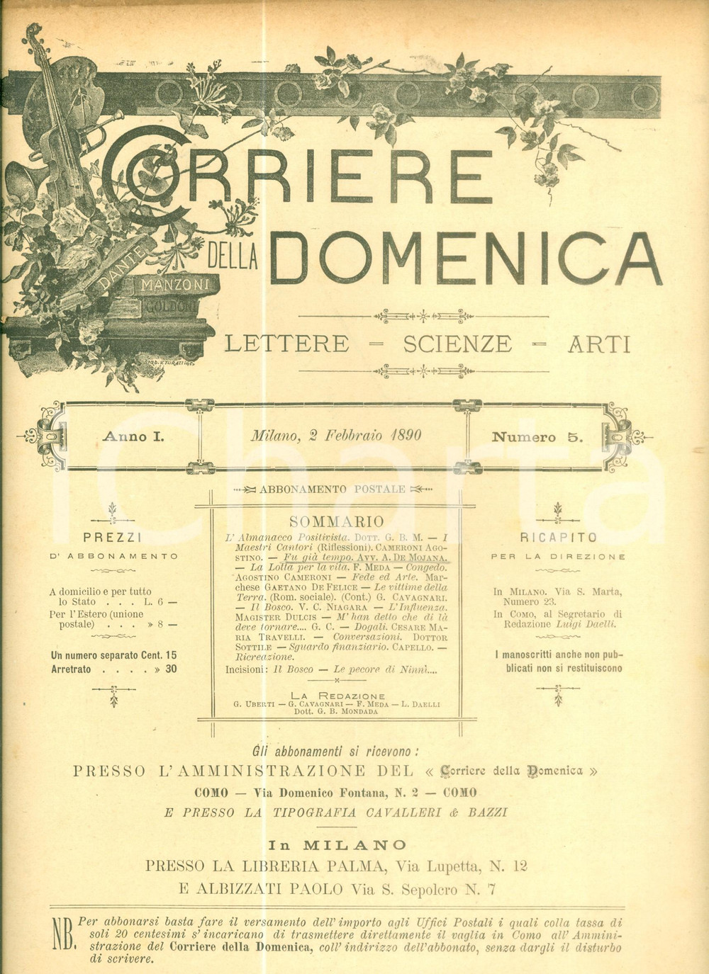 Giornale, rivista storica 1890 CORRIERE DELLA DOMENICA Gaetano DE FELICE Fede ed Arte Rivista letteraria 1