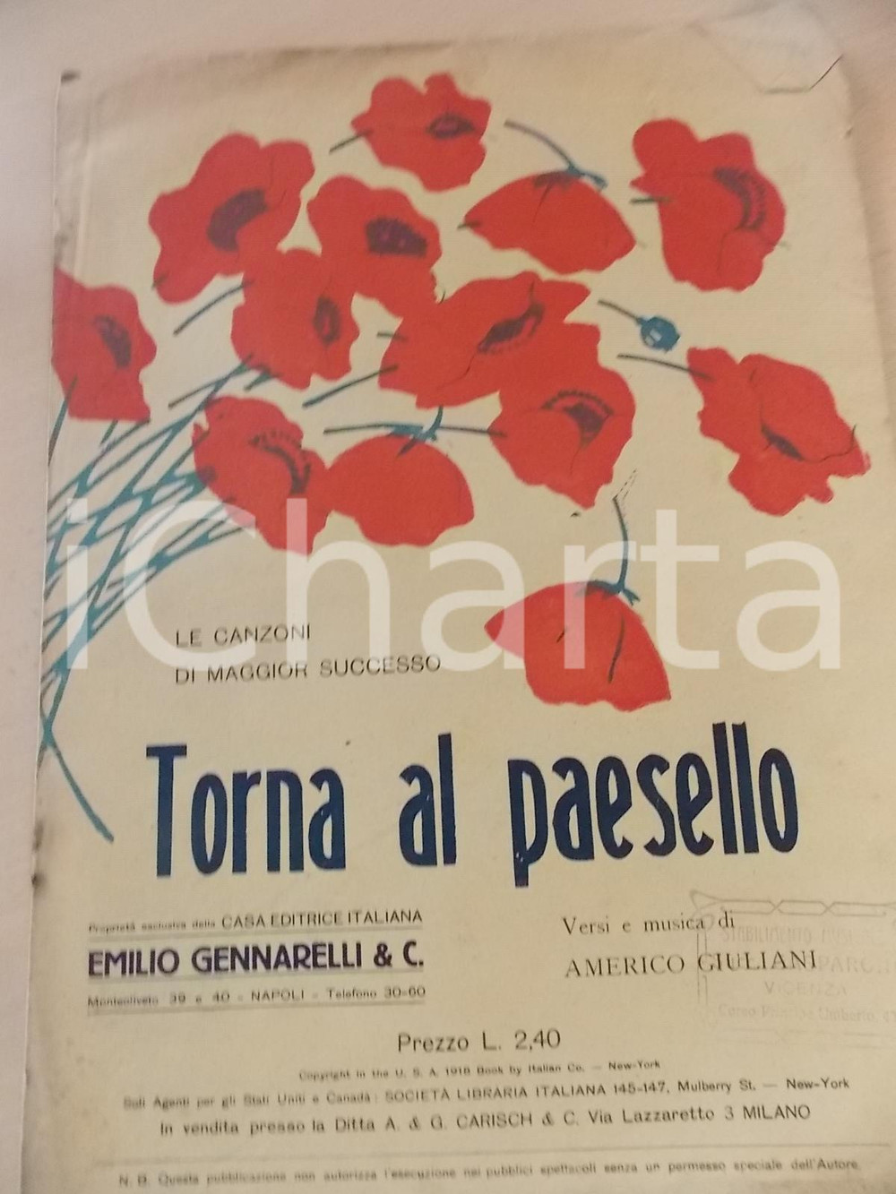 Oggetto da collezione cartaceo 1920 ca Americo GIULIANI Torna al paesello Spartito musicale GENNARELLI 1