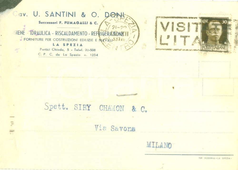 Cartolina originale da collezione 1938 LA SPEZIA Igiene idraulica SANTINI & DONI Cartolina commerciale DANNEGGIATA 1