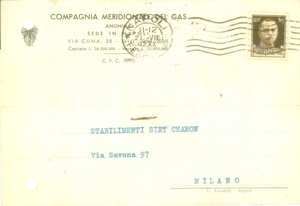 Cartolina originale da collezione 1942 NAPOLI Compagnia Meridionale del Gas Cartolina commerciale FG VG 1