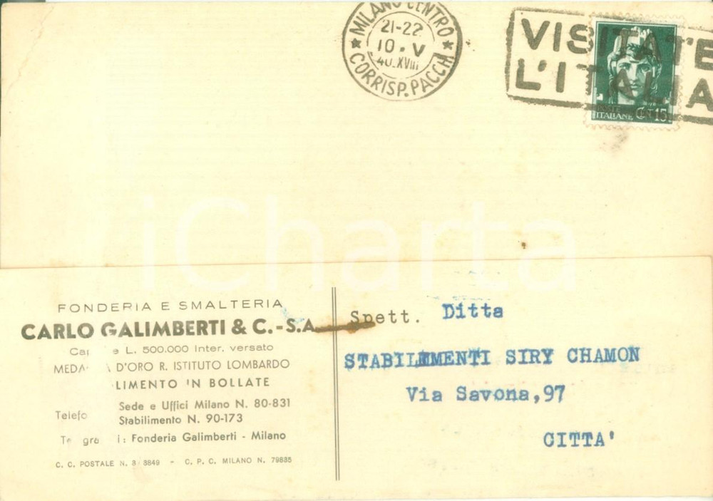 Cartolina originale da collezione 1940 MILANO Fonderia Smalteria Carlo GALIMBERTI & C. Cartolina commerciale FG VG 1