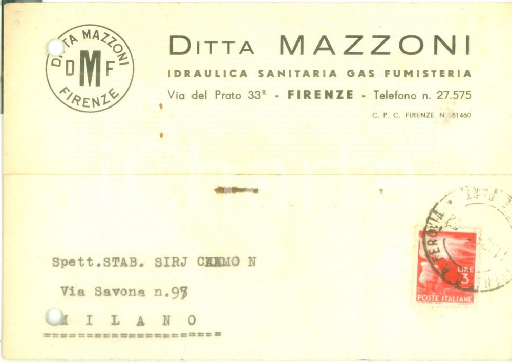 Cartolina originale da collezione 1946 FIRENZE Ditta MAZZONI Idraulica Sanitaria Gas Cartolina FG VG 1