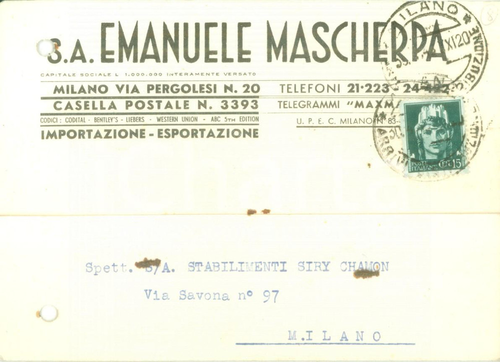 Cartolina originale da collezione 1943 MILANO Società Anon. Emanuele MASCHERPA Importazione Cartolina commerciale 1