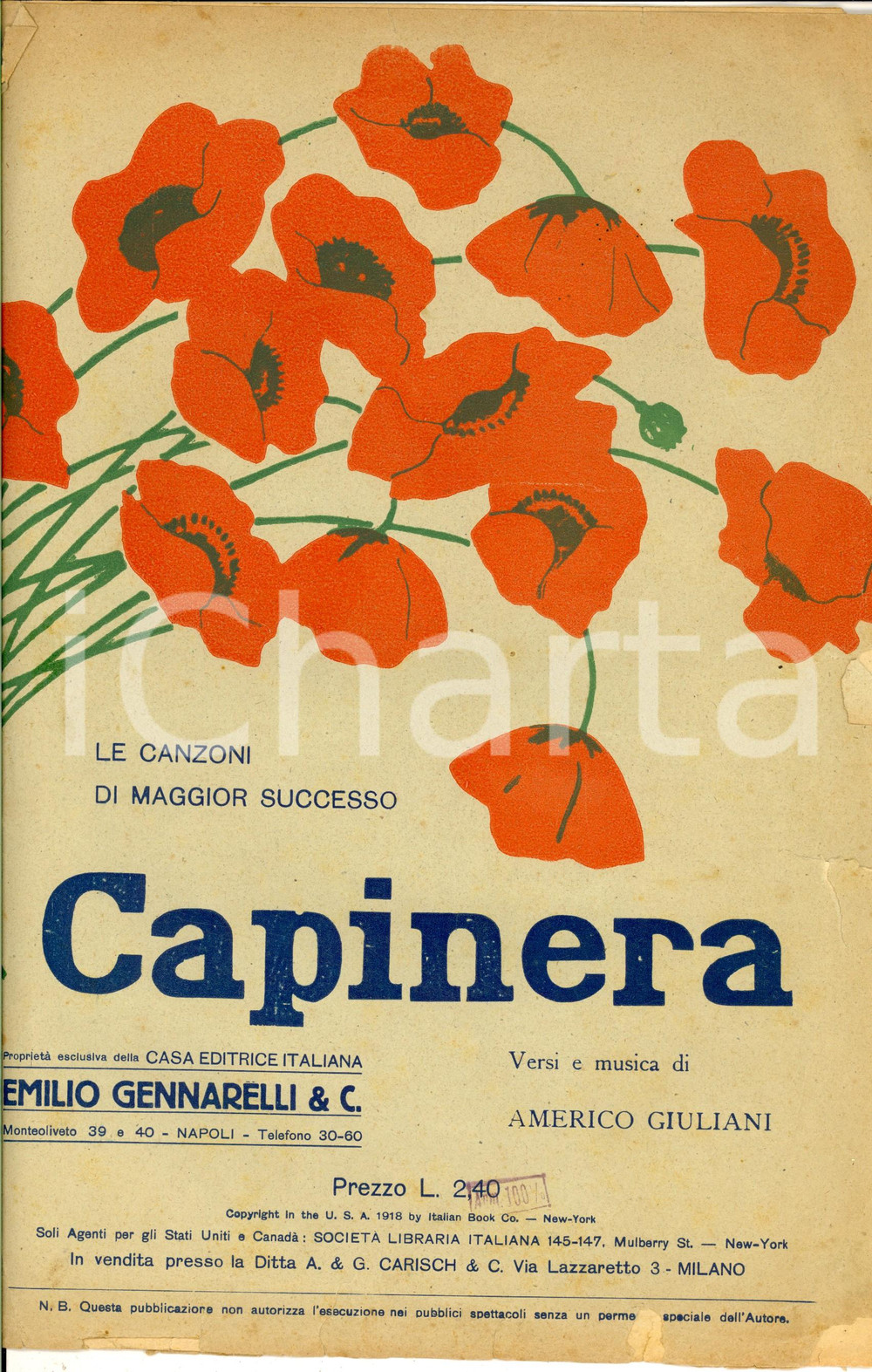 Oggetto da collezione cartaceo 1930 ca Americo GIULIANI Capinera Spartito Ed. Emilio GENNARELLI 1