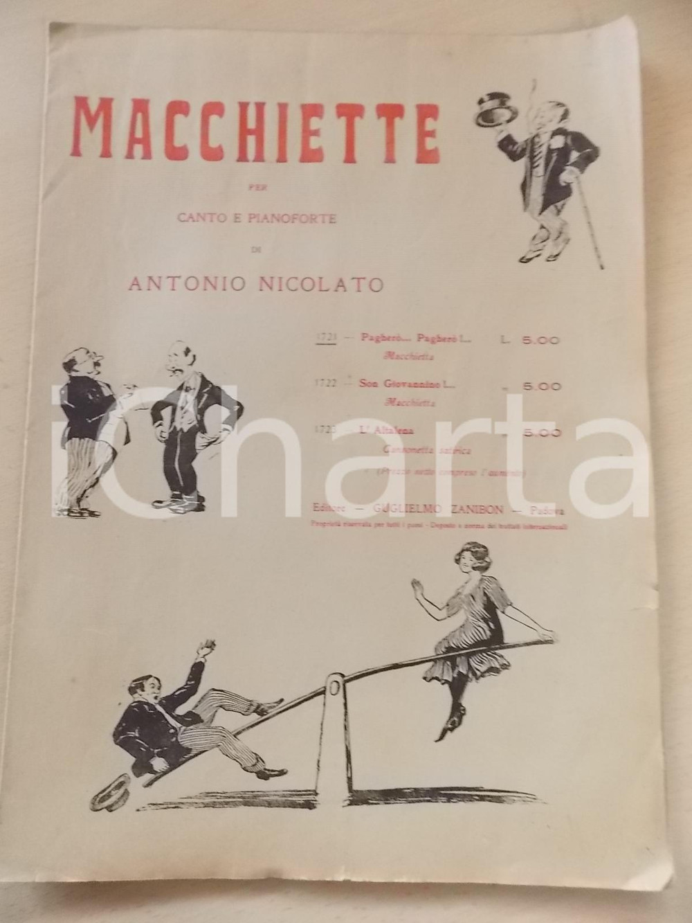 Oggetto da collezione cartaceo 1930 ca Antonio NICOLATO Macchiette per canto e pianoforte Spartito ZANIBON 1