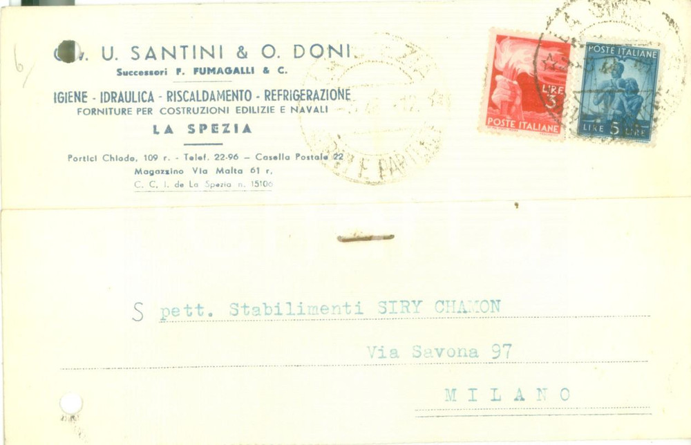 Cartolina originale da collezione 1948 LA SPEZIA Igiene idraulica Cav. SANTINI & DONI Cartolina commerciale FG VG 1