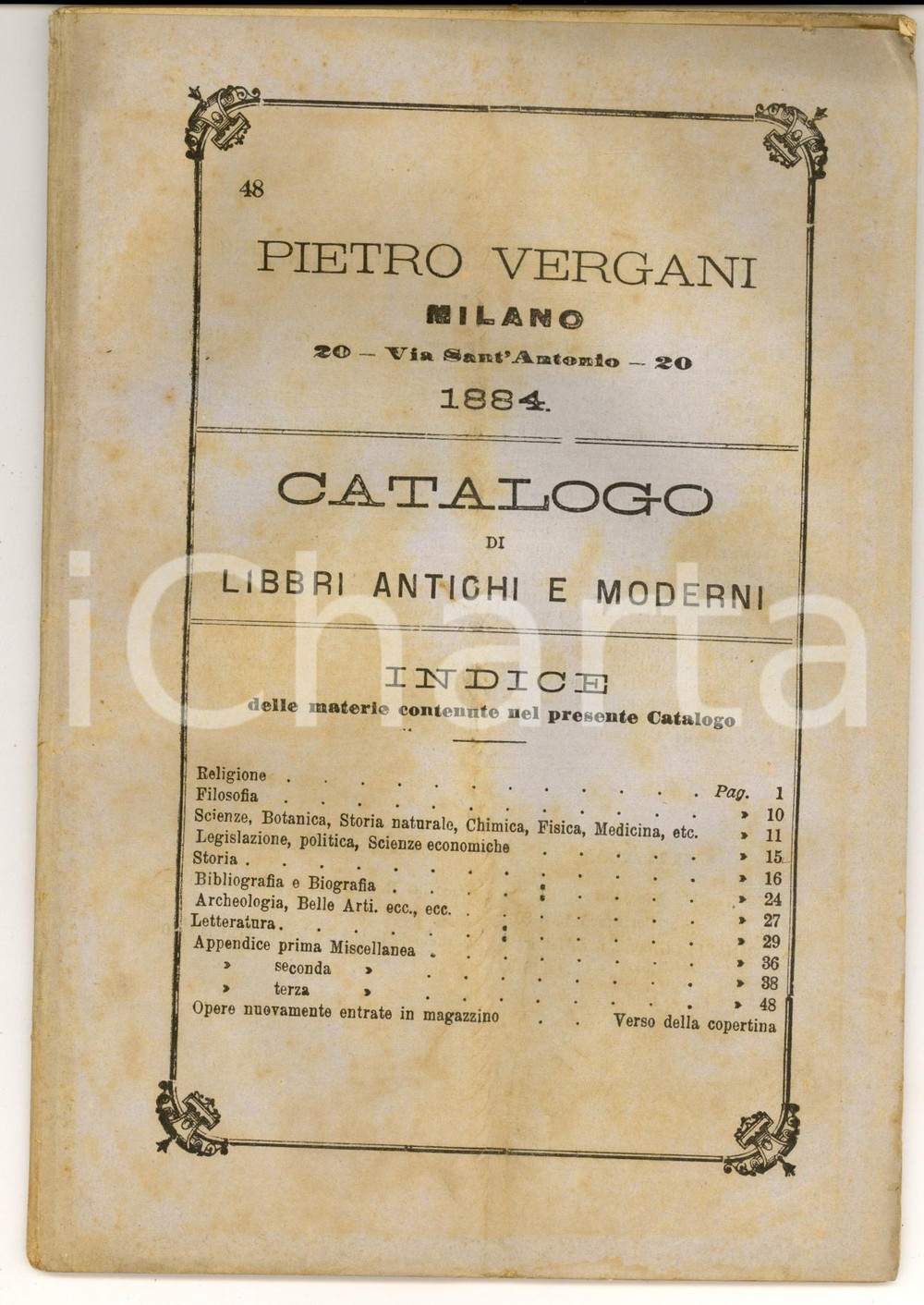 Libro, pubblicazione d epoca 1884 MILANO Libreria Pietro VERGANI Catalogo libri antichi e moderni nÂ° 48 1