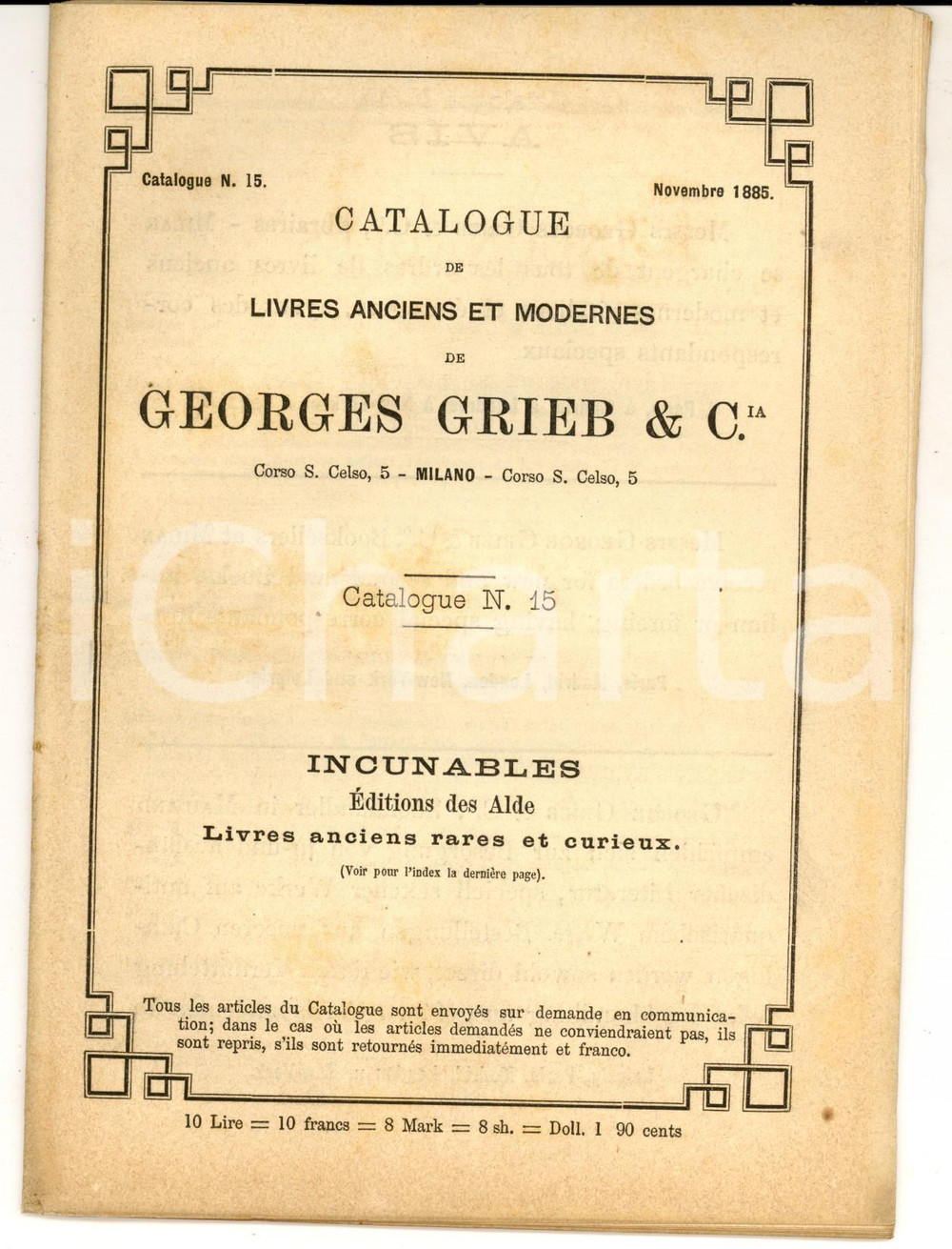 Libro, pubblicazione d epoca 1885 MILANO Catalogo libreria Giorgio GRIEB Incunaboli  Libri rari nÂ° 15 1
