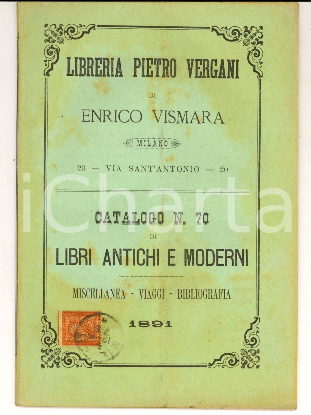 Libro, pubblicazione d epoca 1891 MILANO Libreria Pietro VERGANI Catalogo miscellanea e viaggi nÂ° 70 1
