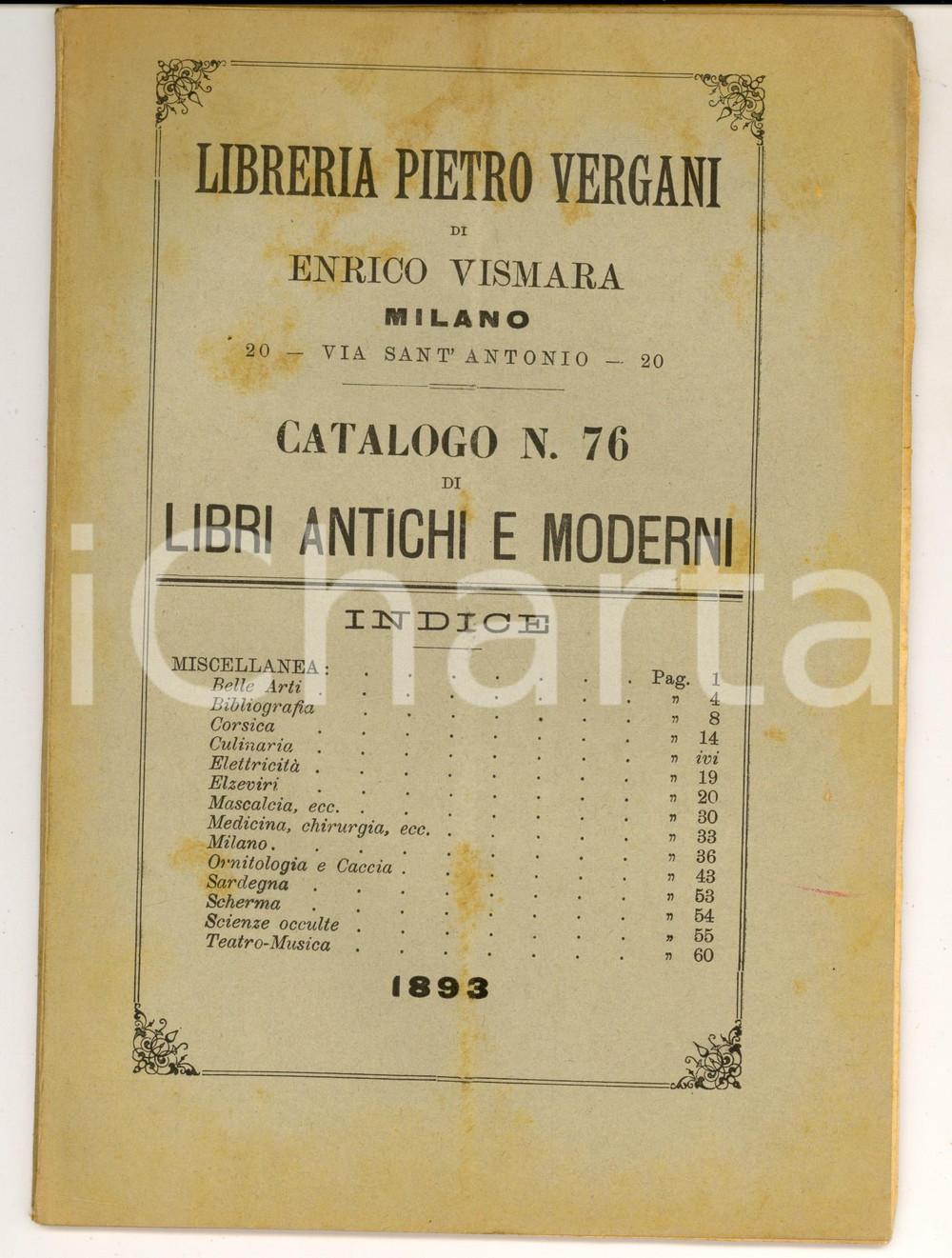 Libro, pubblicazione d epoca 1893 MILANO Libreria Pietro VERGANI Catalogo miscellanea e scienze occulte n. 76 1