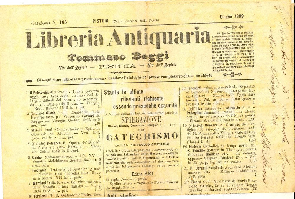 Giornale, rivista storica 1899 PISTOIA Libreria Antiquaria Tommaso BEGGI Catalogo bibliografico n. 165 1