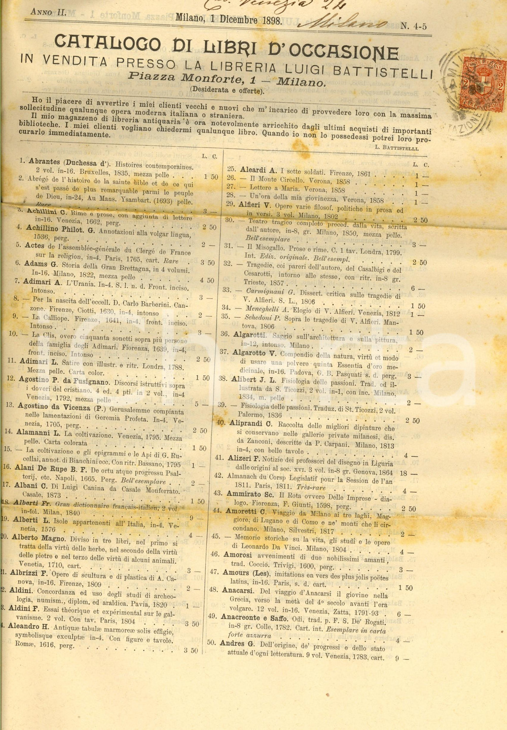 Libro, pubblicazione d epoca 1898 MILANO Libreria Luigi BATTISTELLI Catalogo libri d occasione in vendita 1