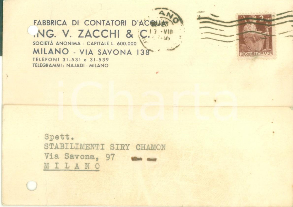 Cartolina originale da collezione 1946 MILANO Fabbrica contatori d acqua Ing. ZACCHI & C. Cartolina commerciale 1