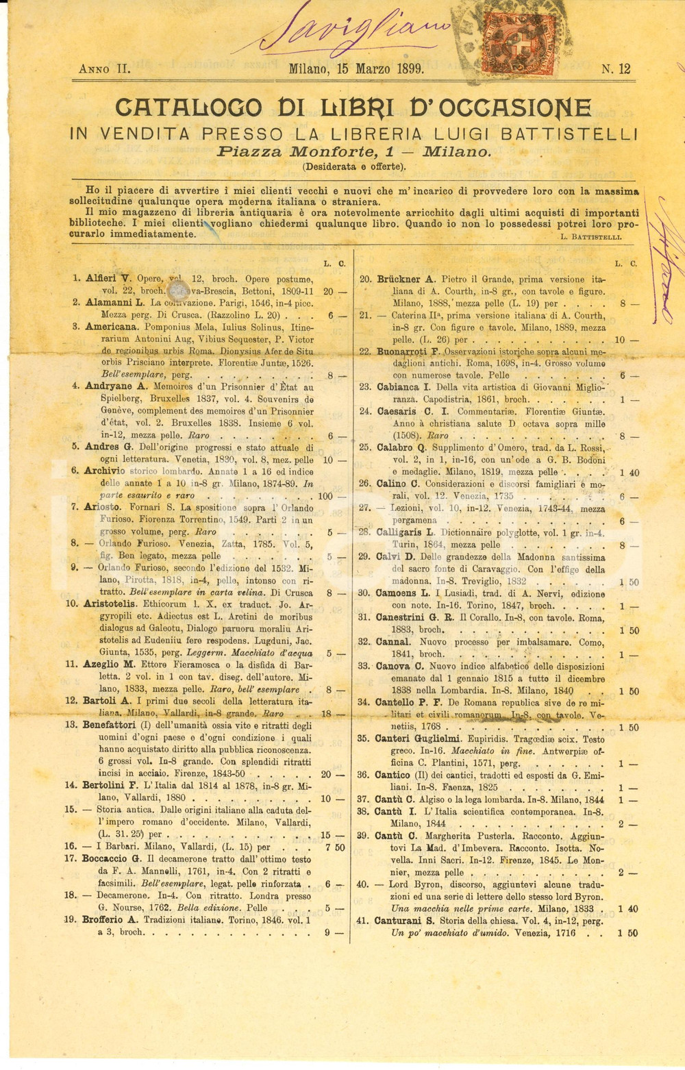 Libro, pubblicazione d epoca 1899 MILANO Libreria Luigi BATTISTELLI Catalogo libri d occasione nÂ°12 1