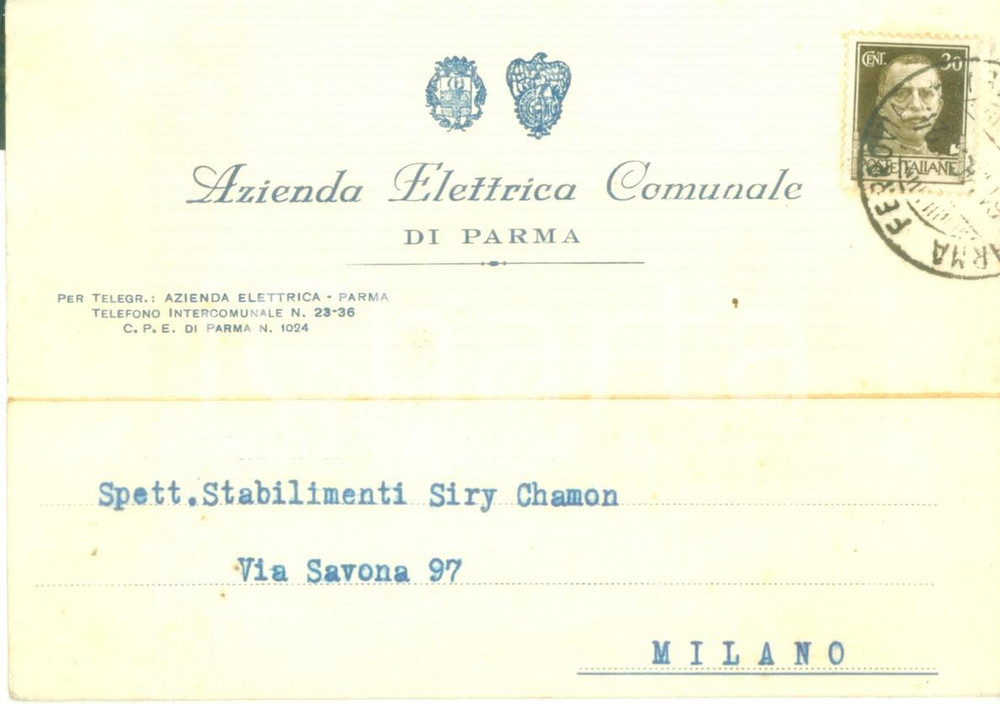 Cartolina originale da collezione 1940 PARMA Azienda Elettrica Comunale sollecita invio contatori Cartolina FG VG 1