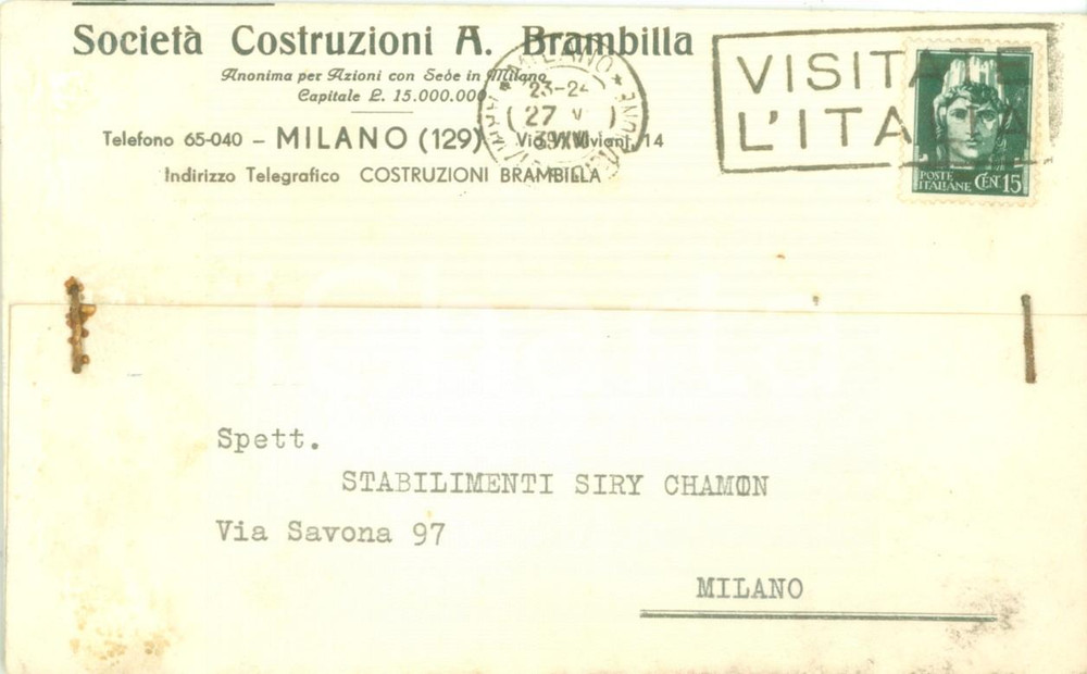 Cartolina originale da collezione 1939 MILANO SocietÃ  Costruzioni BRAMBILLA Cartolina commerciale FG VG 1