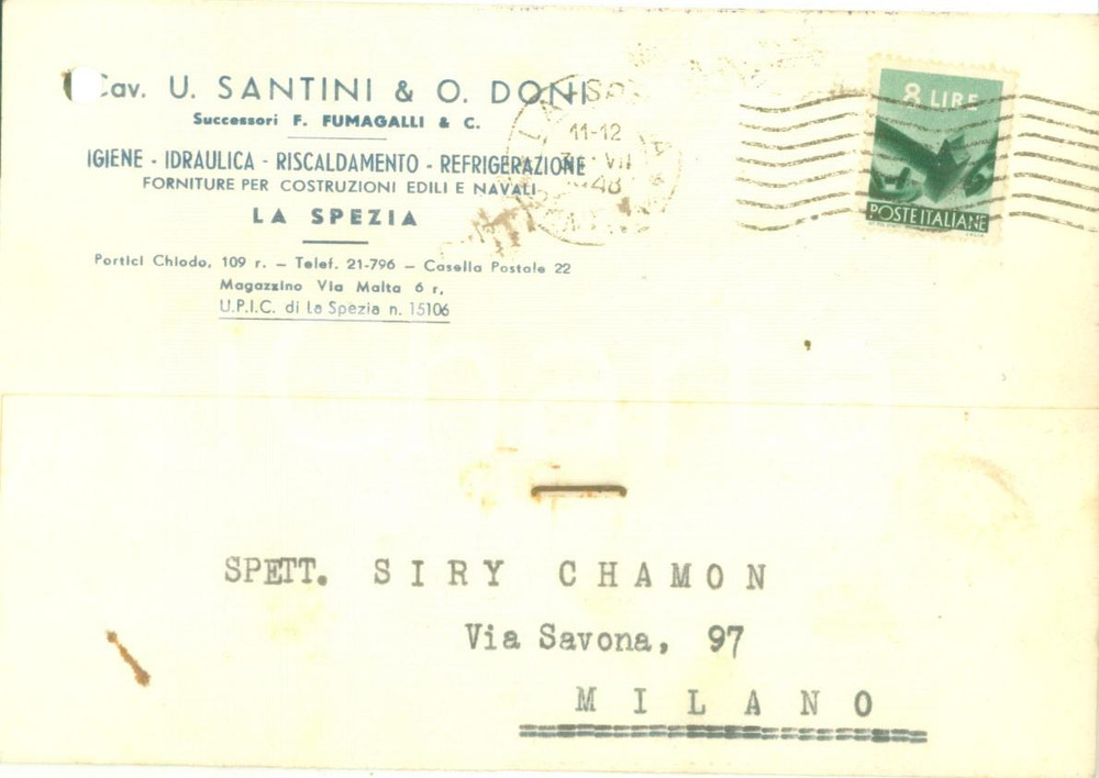 Cartolina originale da collezione 1938 LA SPEZIA Igiene idraulica SANTINI & DONI Cartolina commerciale FG VG 1