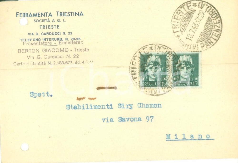 Cartolina originale da collezione 1943 TRIESTE SocietÃ  Ferramenta Triestina Cartolina commerciale FG VG 1