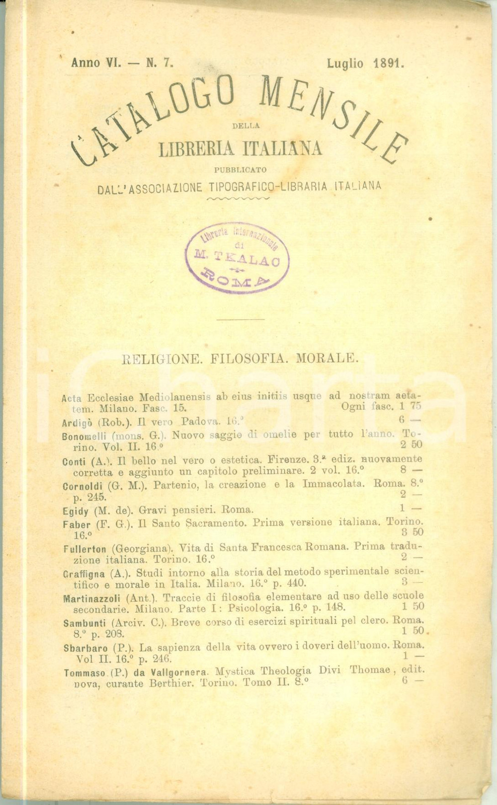 Libro, pubblicazione d epoca 1891 MILANO Catalogo mensile Libreria Italiana Associazione TipograficoLibraria 1