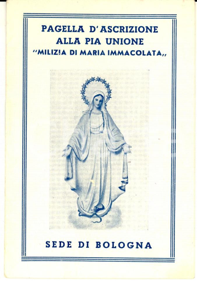 Documento originale, autentico 1948 BOLOGNA Pagella ascrizione alla MILIZIA DI MARIA IMMACOLATA Libretto 8 pp. 1