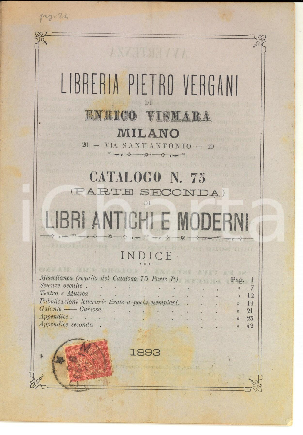 Libro, pubblicazione d epoca 1893 MILANO Libreria Pietro VERGANI Catalogo libri antichi e moderni n. 75 p. 2 1