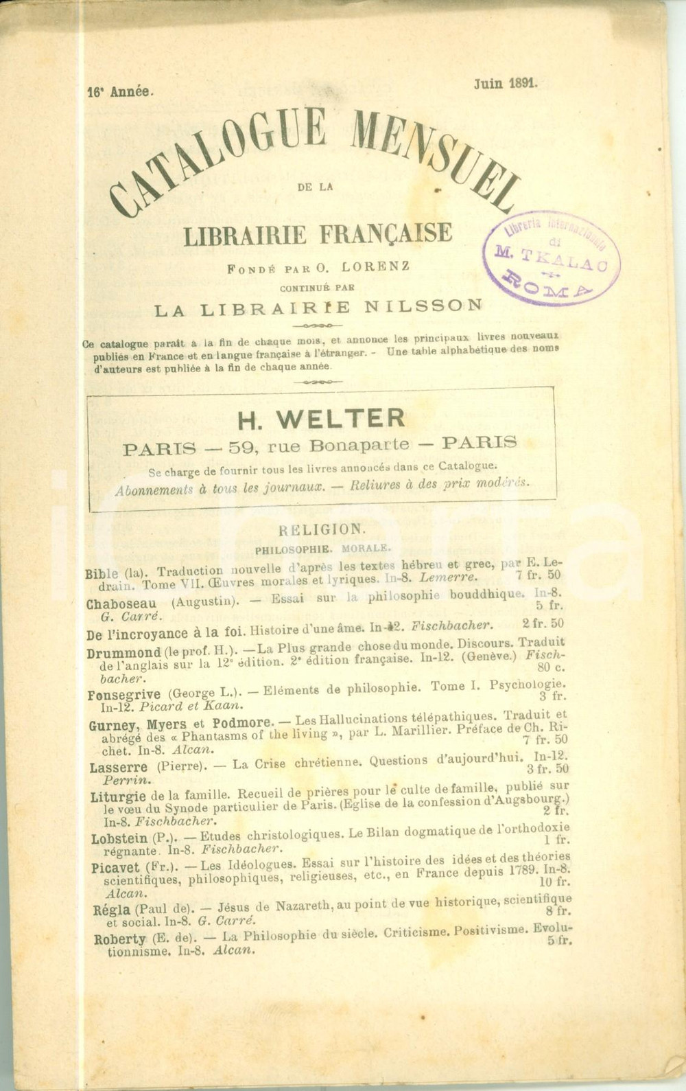 Libro, pubblicazione d epoca 1891 MILANO Catalogue Mensuel Librairie FranÃ§aise NILSSON Catalogo antiquario 1