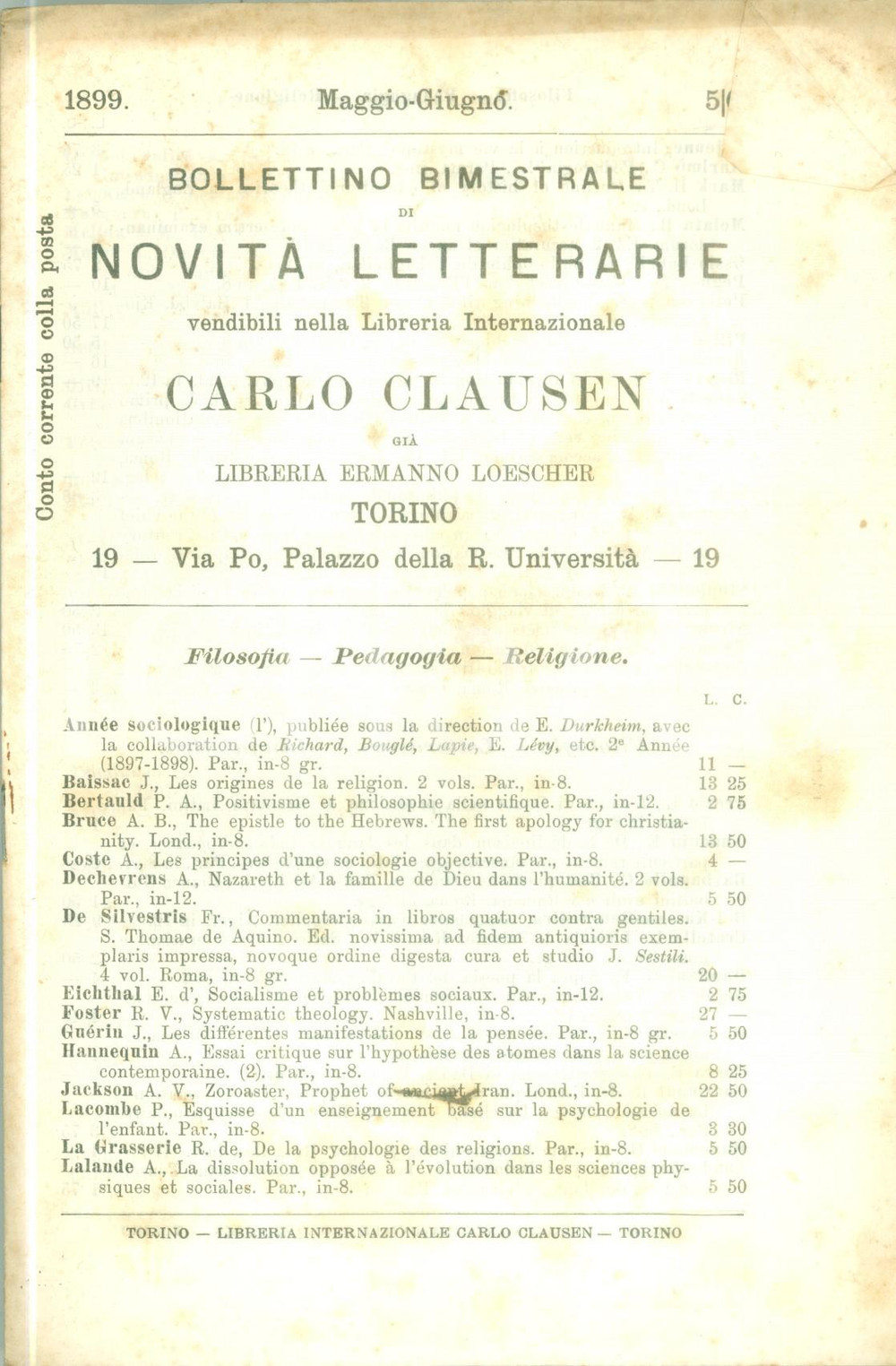 Libro, pubblicazione d epoca 1899 TORINO Carlo CLAUSEN Bollettino bimestrale novitÃ  letterarie Catalogo 1