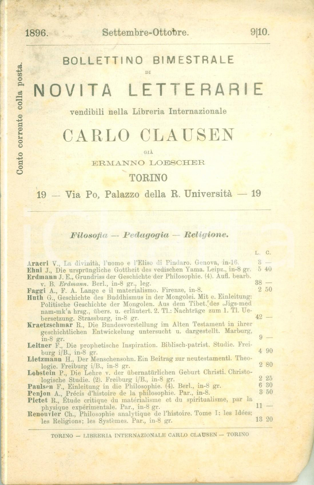 Libro, pubblicazione d epoca 1896 TORINO Carlo CLAUSEN Bollettino bimestrale novitÃ  letterarie Catalogo 1