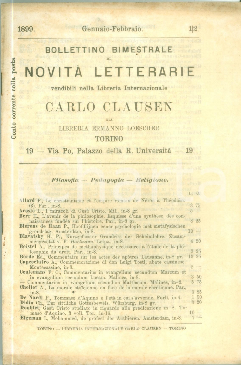 Libro, pubblicazione d epoca 1899 TORINO Carlo CLAUSEN Bollettino bimestrale novitÃ  letterarie Catalogo 1