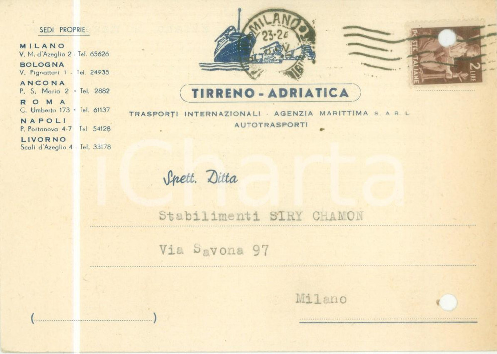 Cartolina originale da collezione 1947 MILANO Società TIRRENO ADRIATICA trasloca in Via D AZEGLIO Cartolina FG VG 1