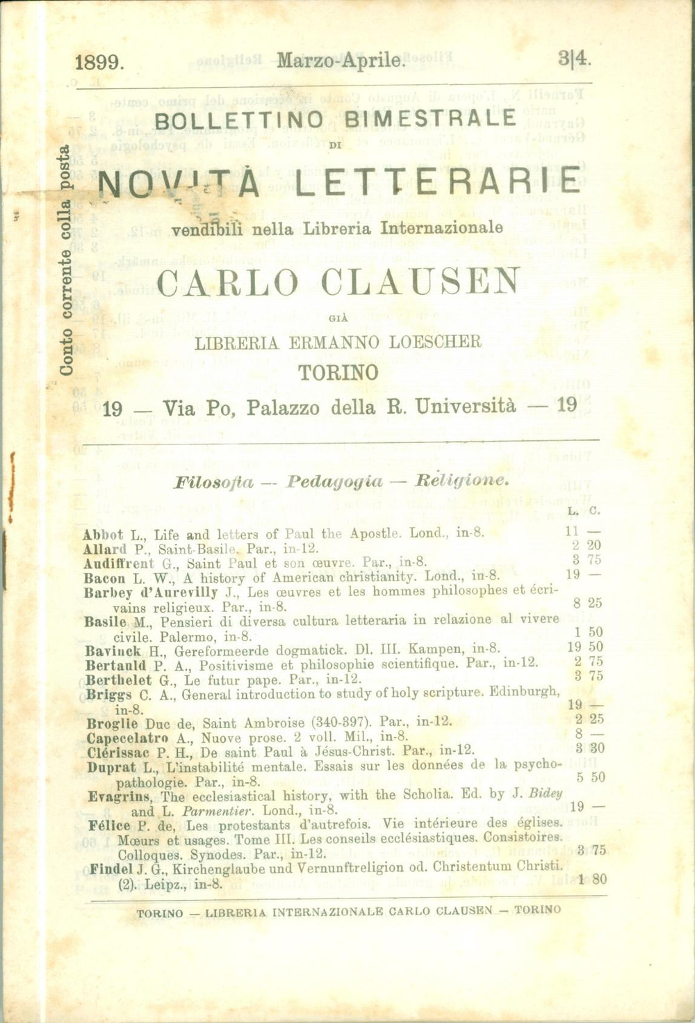 Libro, pubblicazione d epoca 1899 TORINO Carlo CLAUSEN Bollettino bimestrale novitÃ  letterarie Catalogo 3/4 1